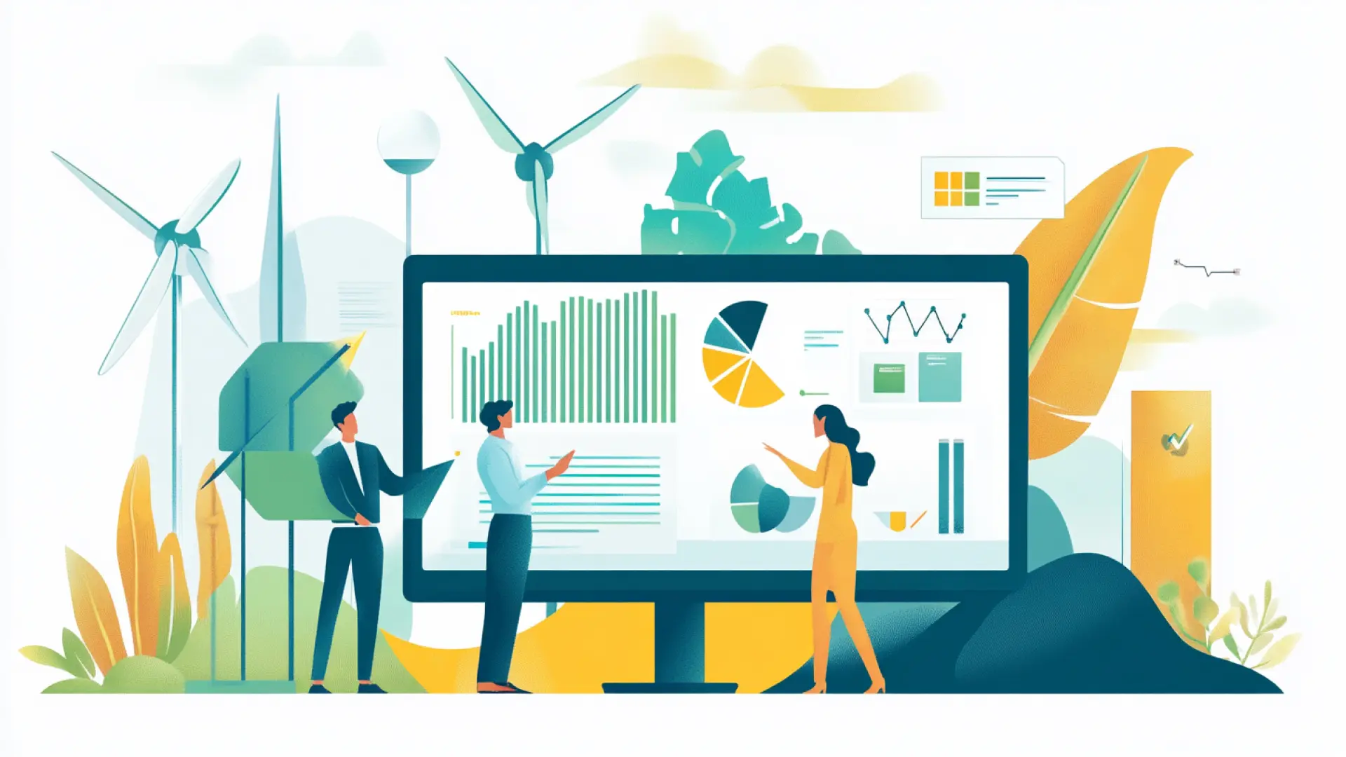 Visualisering av hållbarhetsdata i Business Central – människor granskar utsläppsgrafer och miljönyckeltal med hjälp av digitalt styrkort